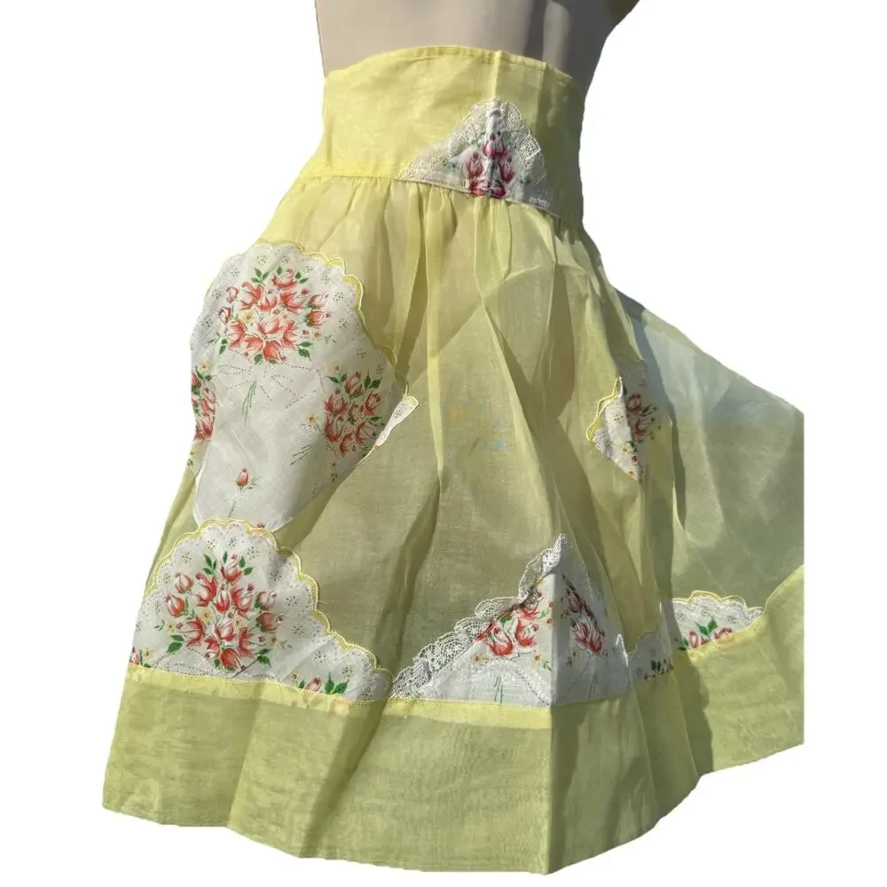 Vintage Floral Half Apron Pockets Sheer Yellow Lace Cottagecore Retro OS Patched